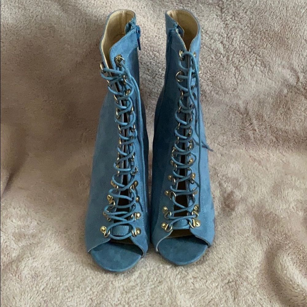 Blue suede open toe heels